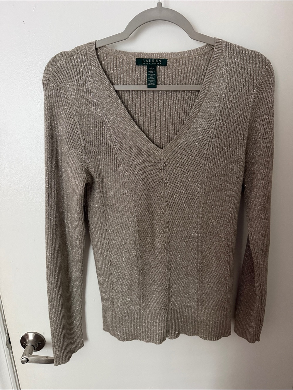 Lauren Ralph Lauren Metallic Taupe V-Neck Sweater